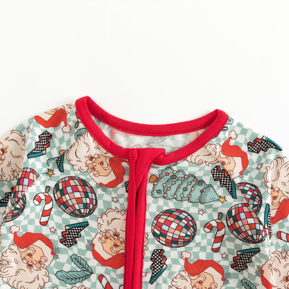 Christmas Santa Claus Plaid Baby Bamboo Zipper Romper Pajamas