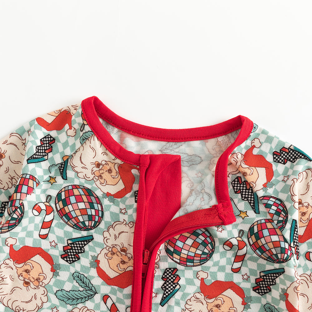 Christmas Santa Claus Plaid Baby Bamboo Zipper Romper Pajamas