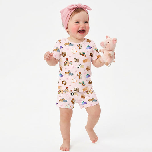 Mothers Day Sweet Farm Friends And Hearts Bows Kids Bamboo Two Piece Pajama Short Sleeve Set bamboo clothing design - baby apparel bamboo clothing with custom design - baby wear front view