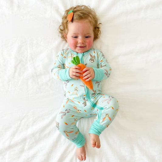 Easter Hoppy Bunny Carrot Parade Green Bamboo Zipper Romper Pajamas bamboo clothing design - baby apparel bamboo clothing with custom design - baby wear front view