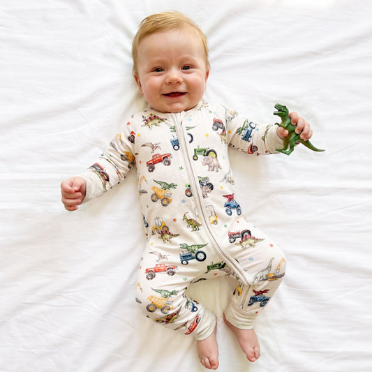 Dino Truck Adventure Ride And Stars Apricot Bamboo Zipper Romper Pajamas 1 bamboo clothing design - baby apparel bamboo clothing with custom design - baby wear front view