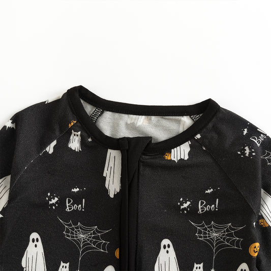 Halloween Black Ghost Baby Bamboo Zipper Romper Pajamas bamboo clothing design - baby apparel bamboo clothing with custom design - baby wear front view