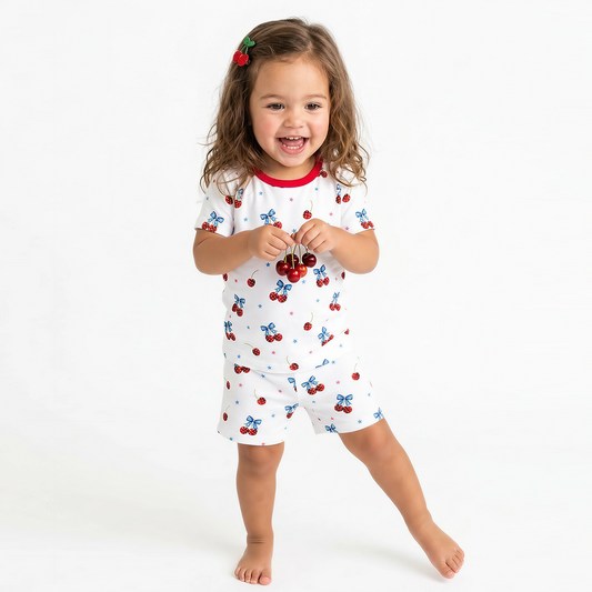 4th of July Cherry Bow Twinkling Stars Kids Bamboo Two-Piece Pajama Set - MIOZING bamboo baby clothes