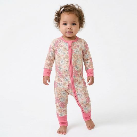 Flower Pink Baby Bamboo Zip Romper bamboo clothing design - baby apparel bamboo clothing with custom design - baby wear front view