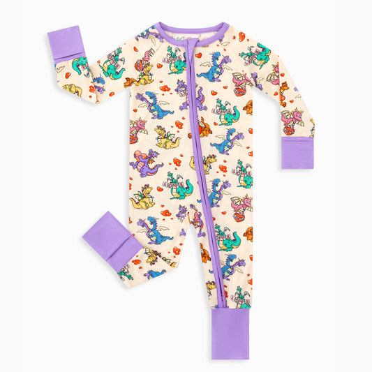 Valentine Dino Love Adventure And Hearts Bamboo Zipper Romper Pajamas bamboo clothing design - baby apparel bamboo clothing with custom design - baby wear front view