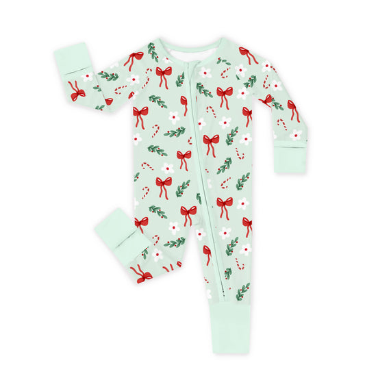 Christmas Bows And Candy Cane Garden Bamboo Zipper Romper Pajamas bamboo clothing design - baby apparel bamboo clothing with custom design - baby wear front view