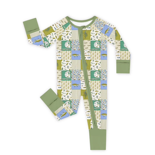 Outdoor Fishing Western Patchwork Bamboo Zipper Romper Pajamas bamboo clothing design - baby apparel bamboo clothing with custom design - baby wear front view