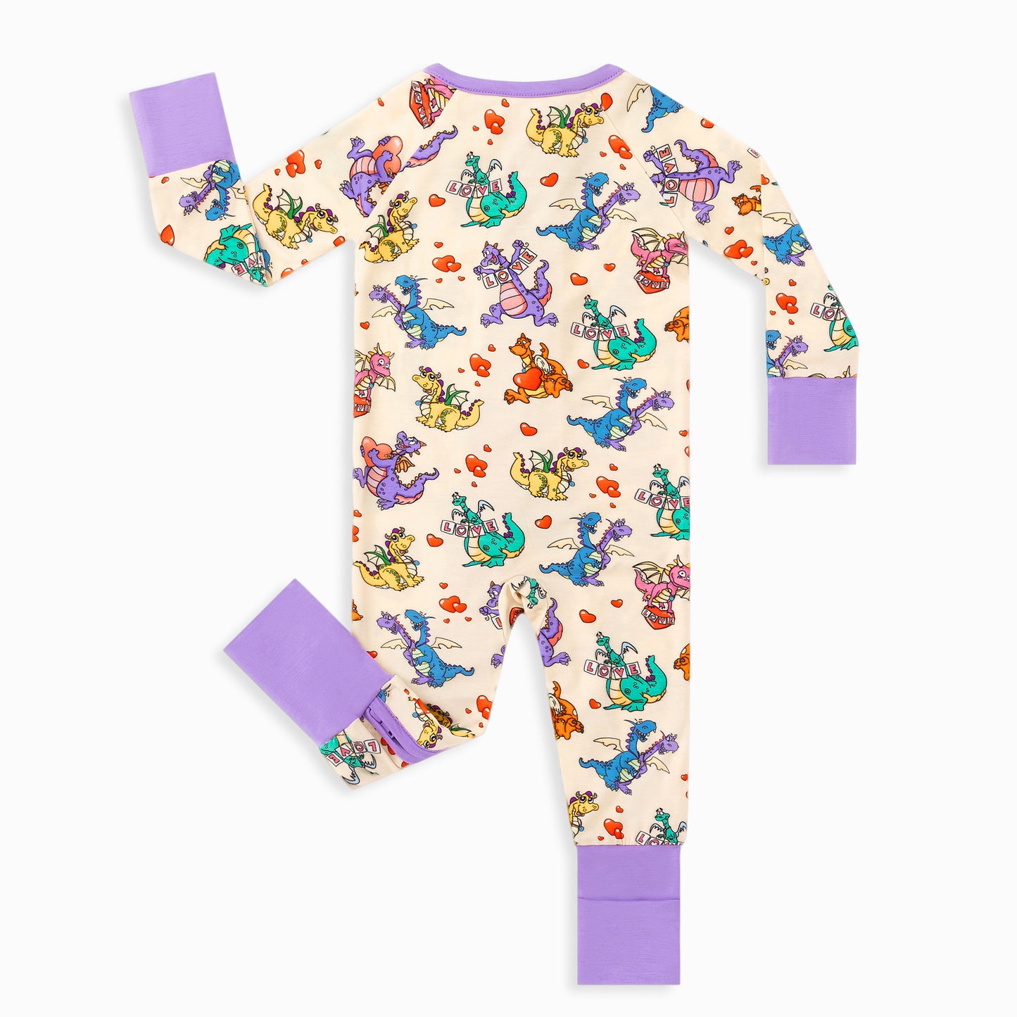 Valentine Dino Love Adventure and Hearts Baby Bamboo Zipper Pajama Romper