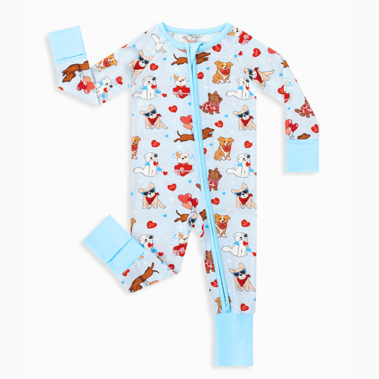 Valentine Heart Puppy Cuddle Crew Blue Bamboo Zipper Romper Pajamas bamboo clothing design - baby apparel bamboo clothing with custom design - baby wear front view