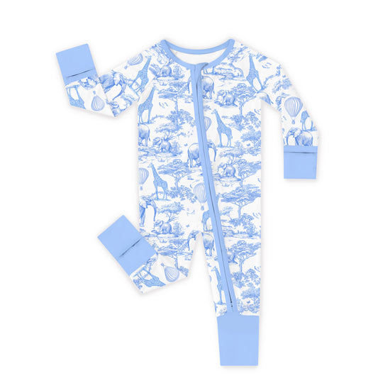 Blue Safari Animal Print Bamboo Baby Romper Close-Up - Hand-Sketched Jungle Pattern Detail