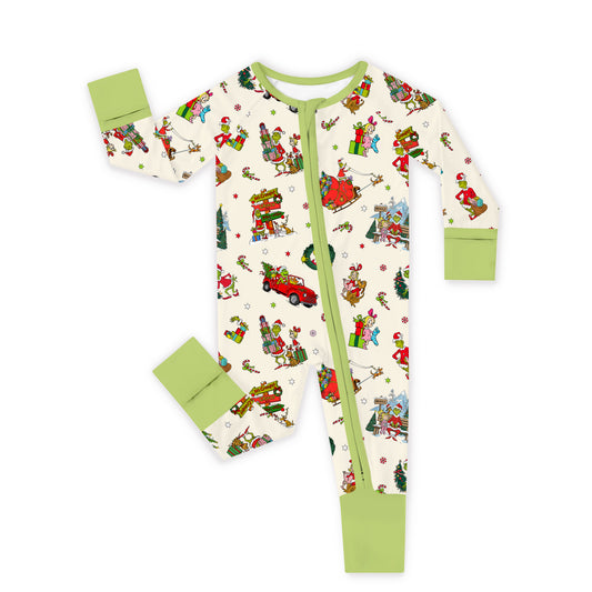 Christmas Green Face Sleigh Gift Ride And Candy Canes Bamboo Zipper Romper Pajamas bamboo clothing design - baby apparel bamboo clothing with custom design - baby wear front view