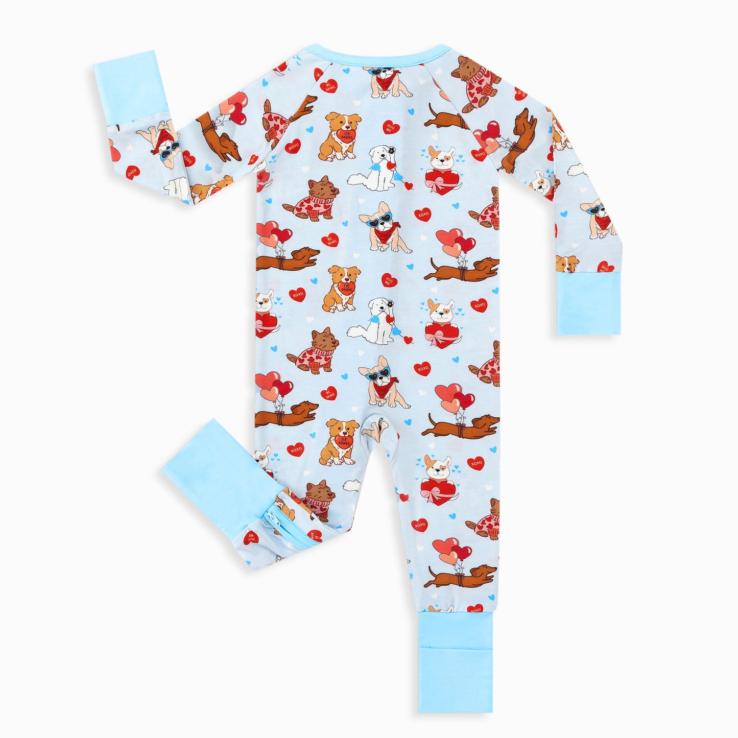 Valentine Heart Puppy Cuddle Crew Blue Bamboo Zipper Romper Pajamas