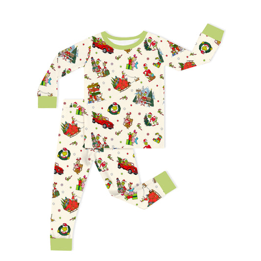Christmas Green Face Sleigh Gift Ride And Candy Canes Kids Two Piece Pajama Set bamboo clothing design - baby apparel bamboo clothing with custom design - baby wear front view