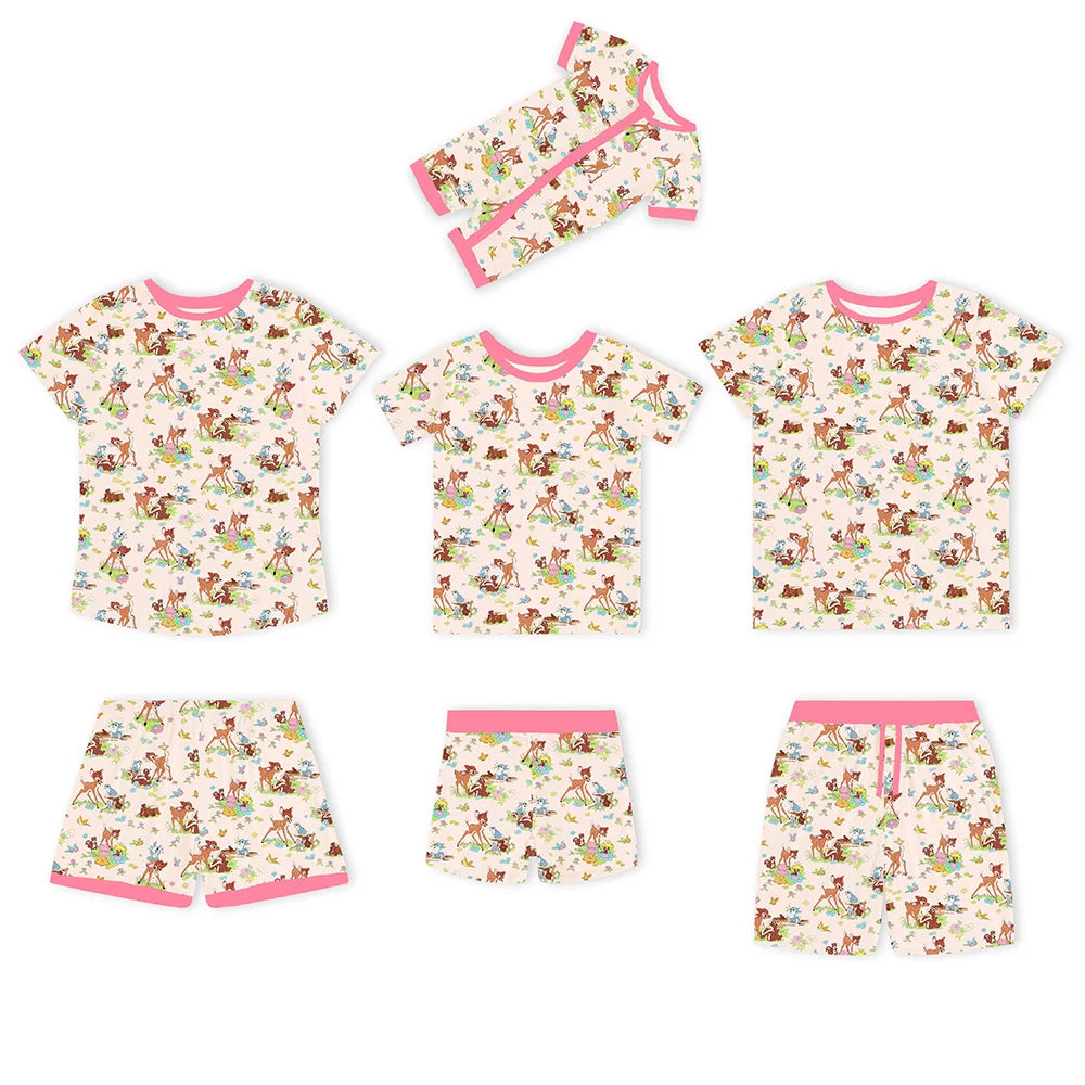 Little Deer Flowers Animals Pink Bamboo Family Short Matching Pajamas