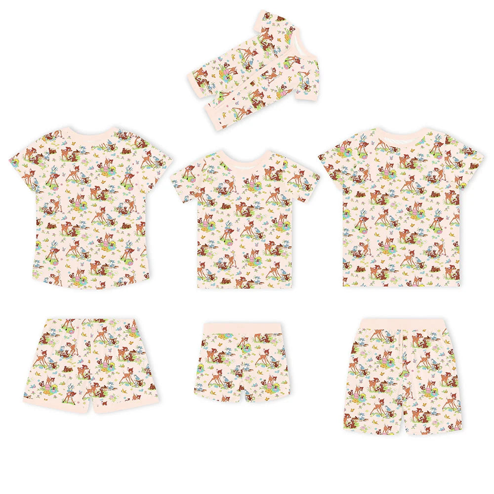 Little Deer Flowers Animals Bamboo Family Short Matching Pajamas