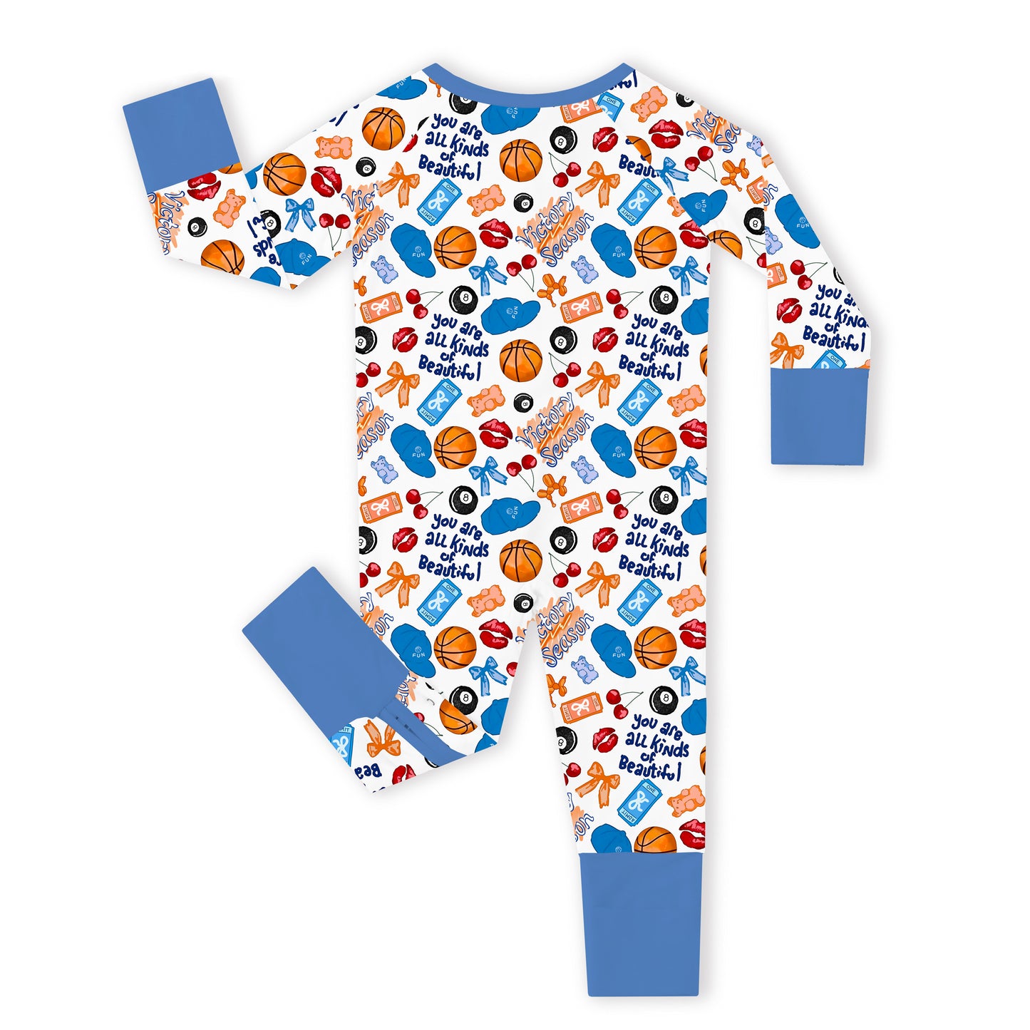 Baby Bamboo Zipper Pajama Romper Playful Sports and Sweet Bow Lip Blue