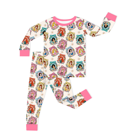Pink Princess Royal Bow Kids Two Piece Pajama Set bamboo clothing design - baby apparel bamboo clothing with custom design - baby wear front view