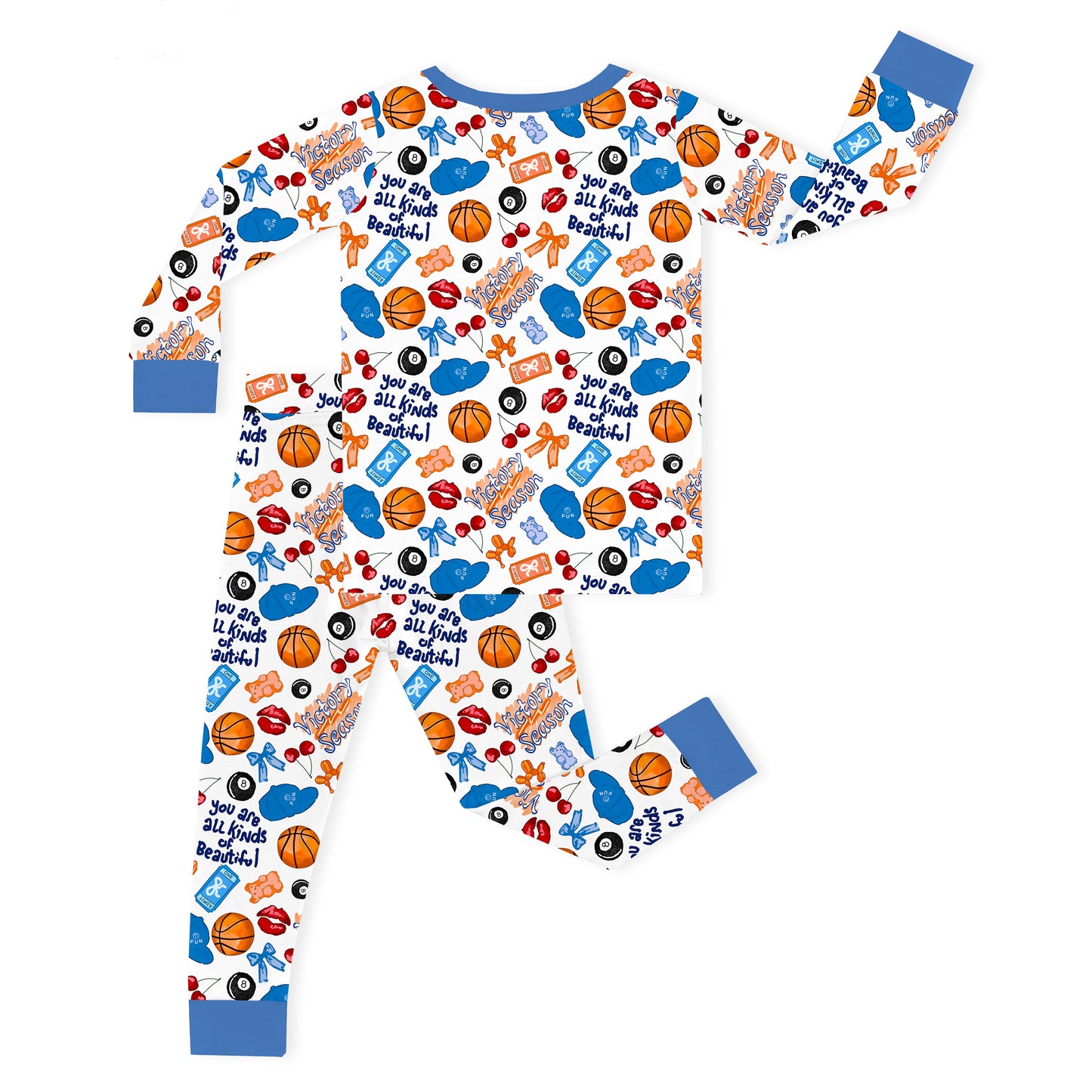 Playful Sports and Sweet Bow Lip Blue Kids Bamboo Two-Piece Pajama Set