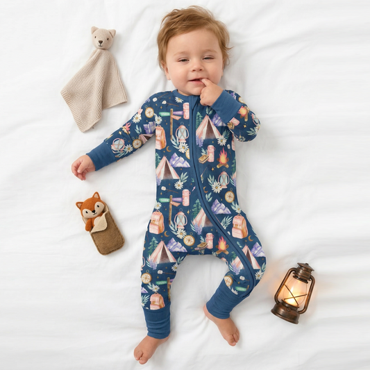 Nature Camping Night Bamboo Zipper Romper Pajamas bamboo clothing design - baby apparel bamboo clothing with custom design - baby wear front view