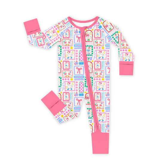 Sweet Duck Patchwork Pink Bow Bamboo Zipper Romper Pajamas bamboo clothing design - baby apparel bamboo clothing with custom design - baby wear front view