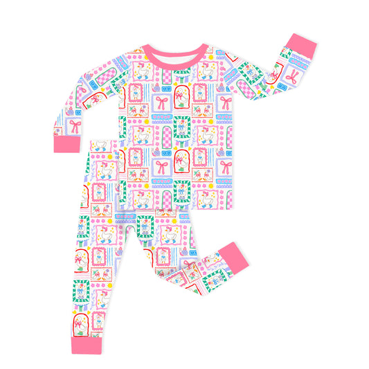 Sweet Duck Patchwork Pink Bow Bamboo Two Piece Pajama Set bamboo clothing design - baby apparel bamboo clothing with custom design - baby wear front view