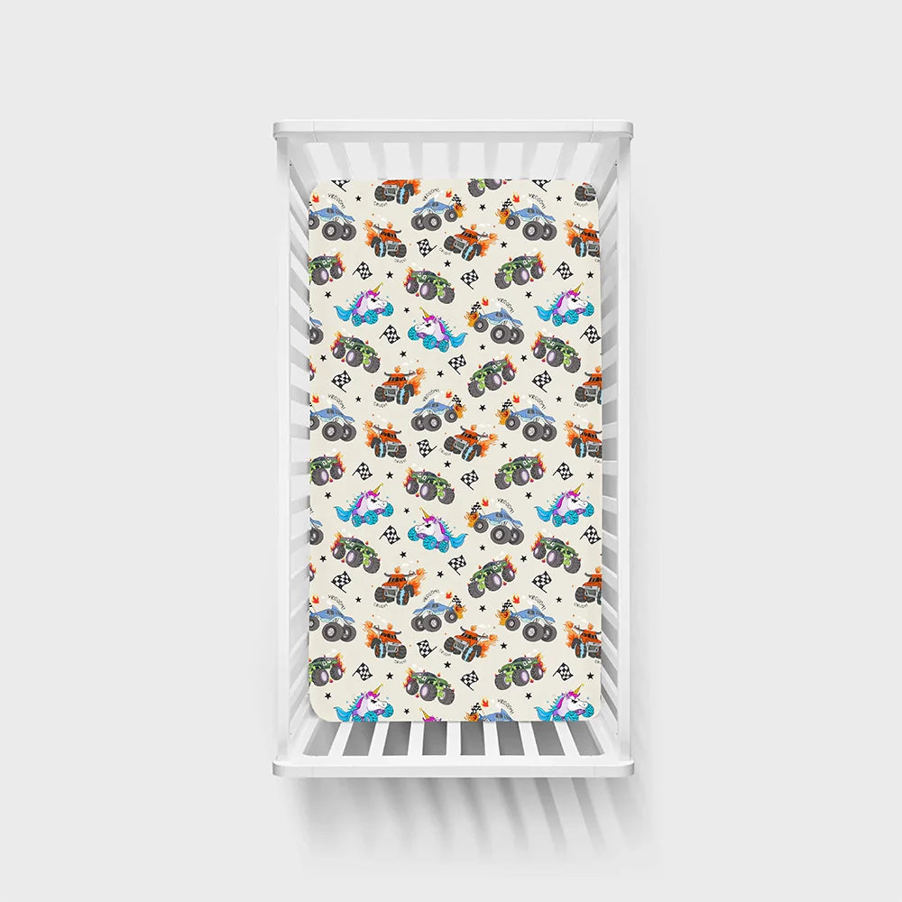 Monster Truck Blue Print Bamboo Fitted Crib Sheet