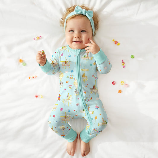 Baby Bamboo Zipper Pajama Romper Animals Carnival Fun and Birthday Carousel - MIOZING bamboo baby clothes