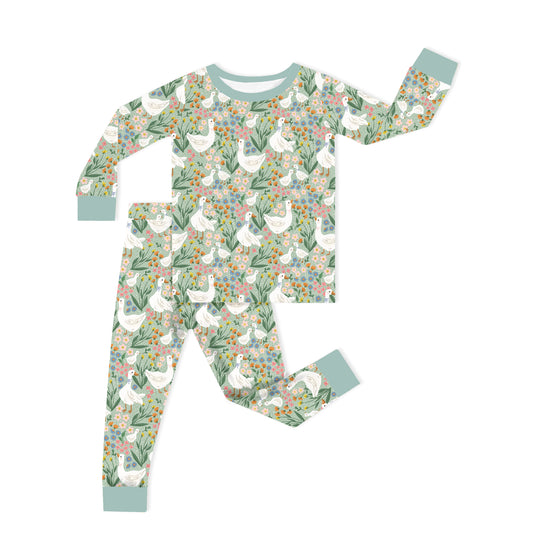 Daisy Goose Garden Meadow Floral Kids Two Piece Pajama Set bamboo clothing design - baby apparel bamboo clothing with custom design - baby wear front view