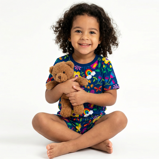 Sunny Rainbow Garden And Playful Petals Kids Bamboo Two Piece Pajama Short Sleeve Set bamboo clothing design - baby apparel bamboo clothing with custom design - baby wear front view