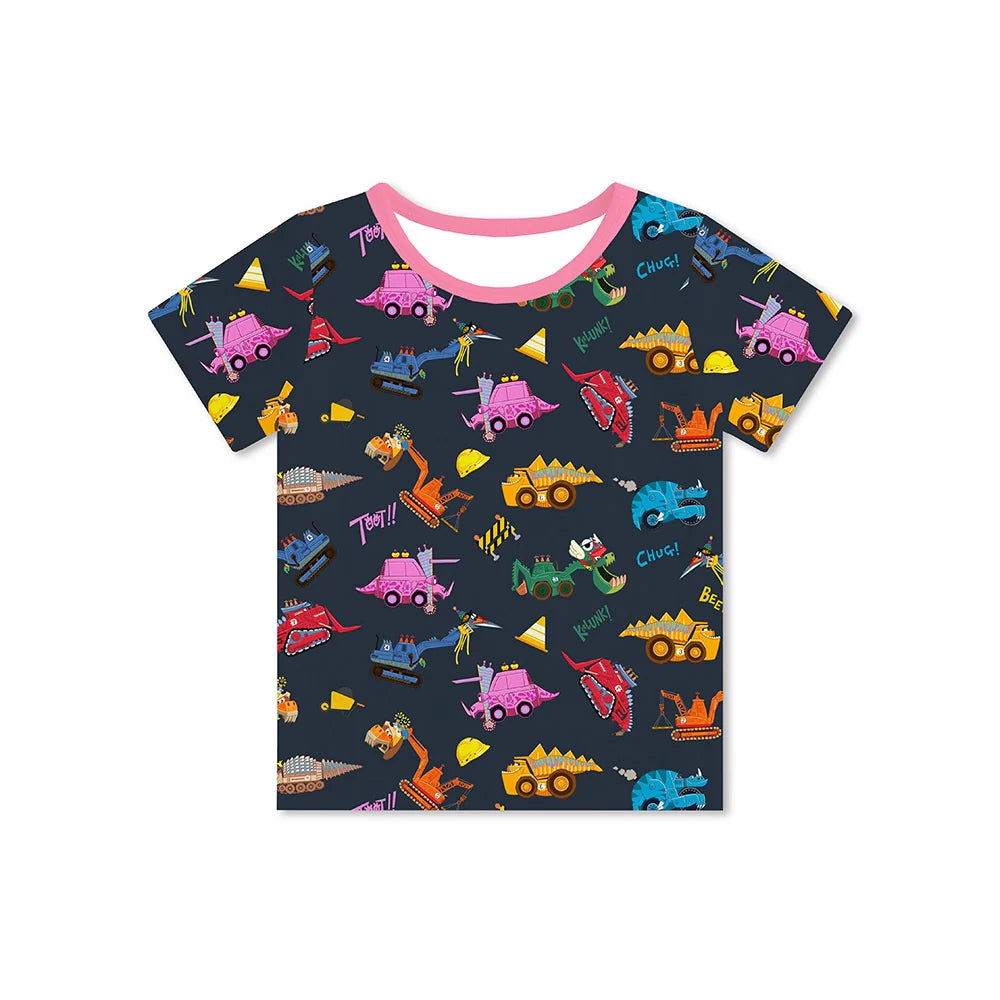 Dinosaur Digger Pink Kids Bamboo Short Top T-shirt