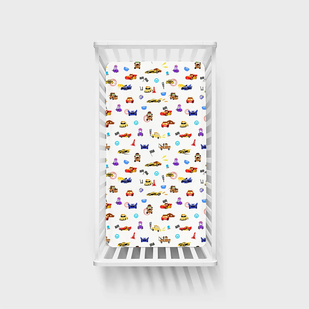 Race Car Cartoon Bamboo Fitted Crib Sheet