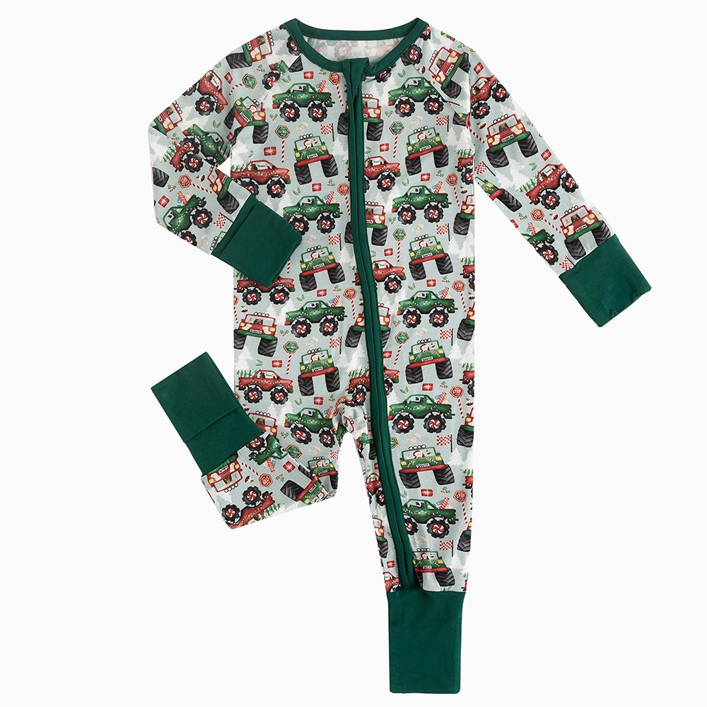 Christmas Truck Baby Bamboo Zipper Romper Pajamas