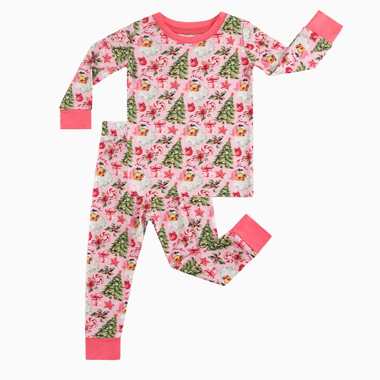Santa Claus Christmas Tree Pink Bamboo Long Sleeve Pajama Set bamboo clothing design - baby apparel bamboo clothing with custom design - baby wear front view
