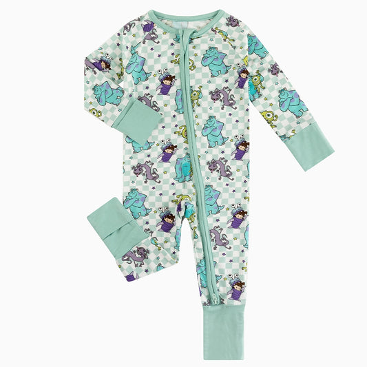 Monster plaid pattern bamboo fabric baby romper back view children clothing boy