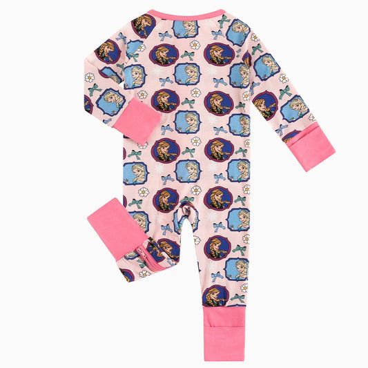 Flower Bow Princess Sisters Baby Bamboo Zipper Romper Pajamas bamboo clothing design - baby apparel bamboo clothing with custom design - baby wear front view