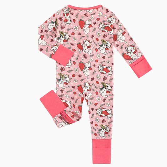 Cat Strawberry Flowers Baby Bamboo Zipper Romper Pajamas bamboo clothing design - baby apparel bamboo clothing with custom design - baby wear front view