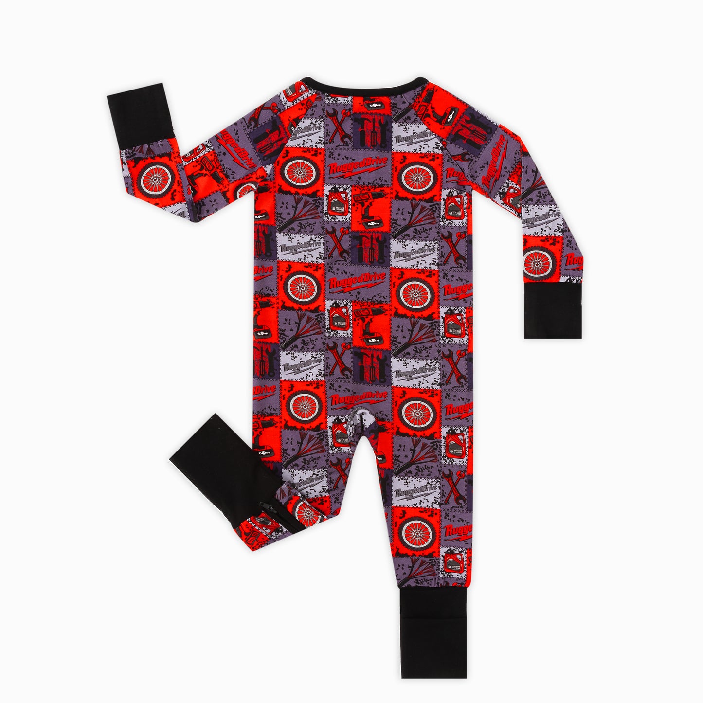 Baby Bamboo Zipper Pajama Romper Red-Black Plaid Drive Wheels and Tools Game