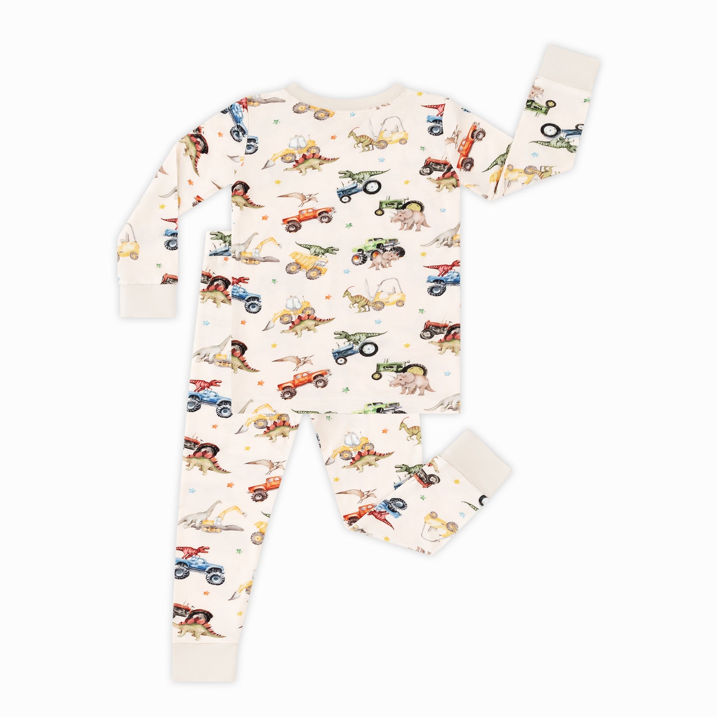 Dino Truck Adventure Ride and Stars Apricot Bamboo Two-Piece Pajama Set