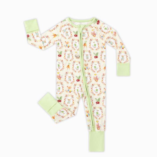 Easter Garden Bunny With Carrots Bamboo Zipper Romper Pajamas 1 bamboo clothing design - baby apparel bamboo clothing with custom design - baby wear front view
