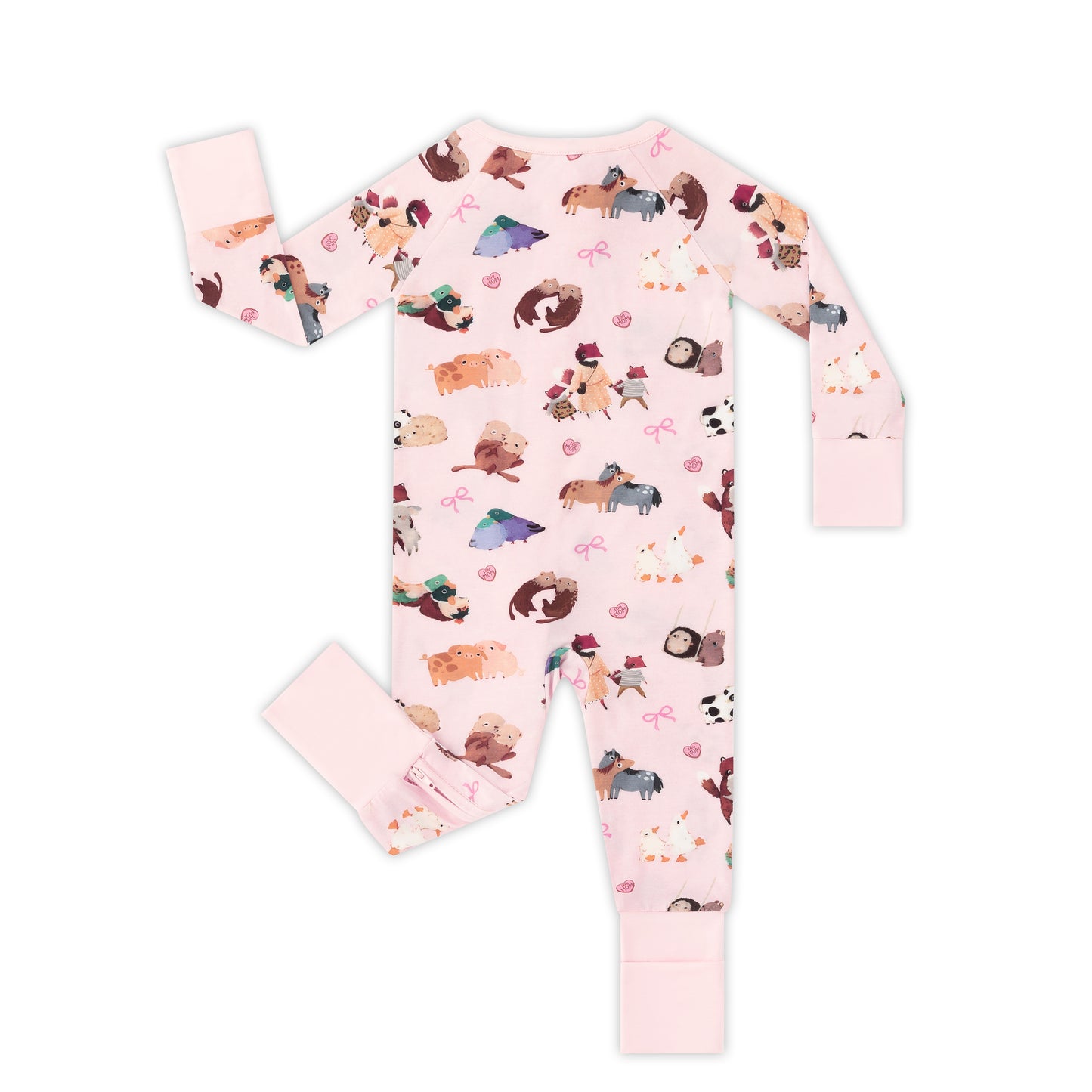 Mother's Day Sweet Farm Friends and Hearts Bows Bamboo Zipper Romper Pajamas