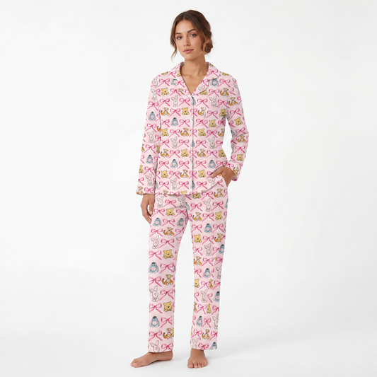 Sunny Bear And Pig Friends Bow Print Bamboo Womens Pajamas Set bamboo clothing design - baby apparel bamboo clothing with custom design - baby wear front view