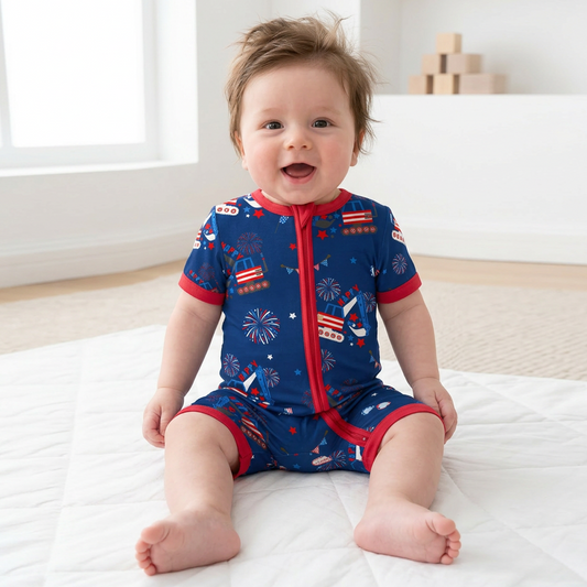 4th of July Red White Fireworks and Truck Baby Bamboo Zipper Pajama Romper - MIOZING bamboo baby clothes