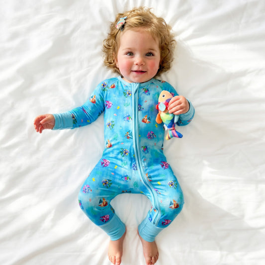 Rainbow Ocean Fish Playtime And Seashells Bamboo Zipper Romper Pajamas bamboo clothing design - baby apparel bamboo clothing with custom design - baby wear front view