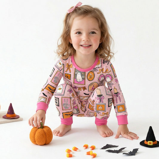 Halloween Pink Spooky Gallery Bamboo Two Piece Pajama Set bamboo clothing design - baby apparel bamboo clothing with custom design - baby wear front view