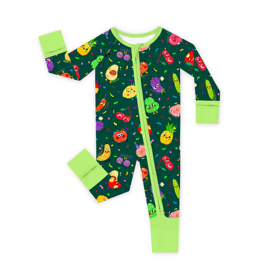 Bountiful Fruit Cherry And Banana Nighttime Bamboo Zipper Romper Pajamas bamboo clothing design - baby apparel bamboo clothing with custom design - baby wear front view