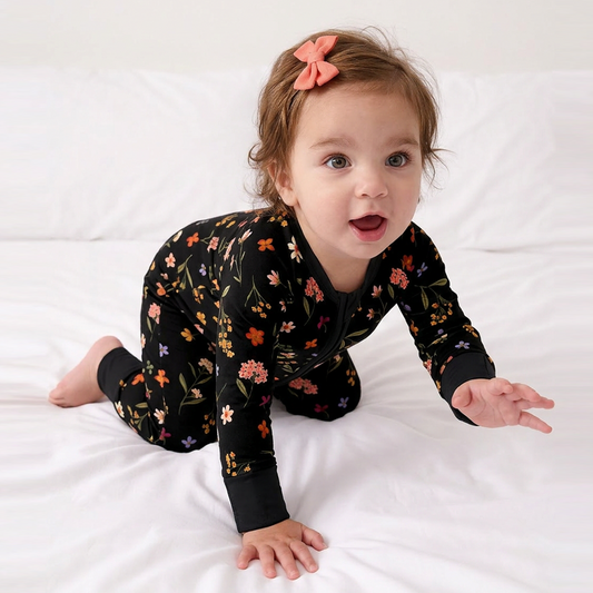 Midnight Wildflower Floral Fantasy Bamboo Zipper Romper Pajamas bamboo clothing design - baby apparel bamboo clothing with custom design - baby wear front view