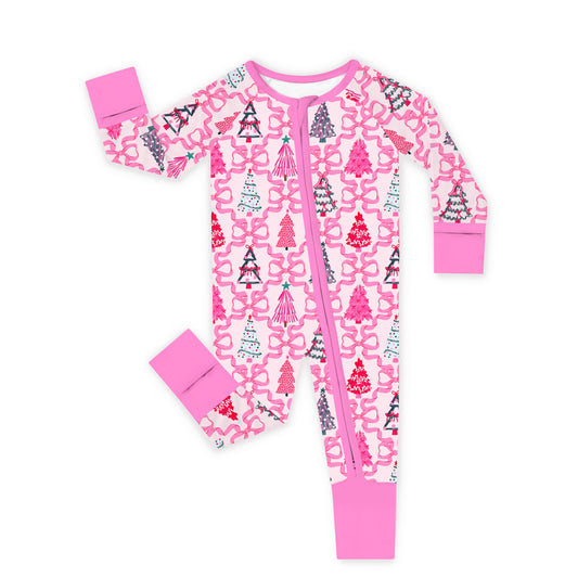 Christmas-themed baby bamboo fiber zipper pajamas bodysuit with bow tree design - rendering