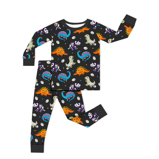 Spooky Dinosaur Kids Bamboo Pajama Set Fabric Close-Up - Soft Halloween Print Texture Detail