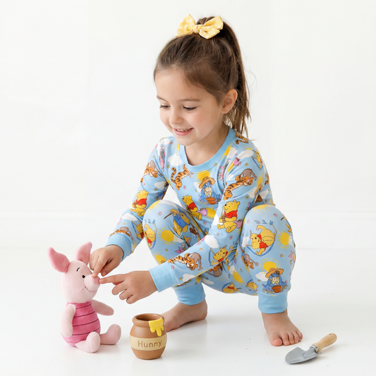 Sunny Bear And Pig Friends Playtime Kids Two Piece Pajama Set bamboo clothing design - baby apparel bamboo clothing with custom design - baby wear front view