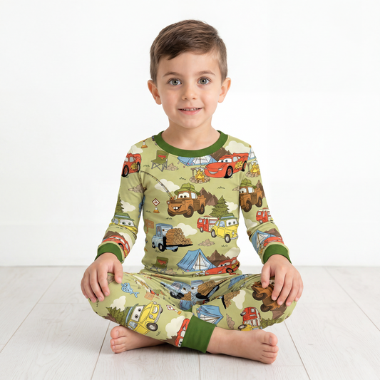 Summer Forest Camping Cars Kids Two Piece Pajama Set bamboo clothing design - baby apparel bamboo clothing with custom design - baby wear front view